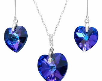 Crystal from Swarovski Crystal Heliotrope Heart Necklace, 925 Sterling Silver Crystal from Swarovski Crystal Heliotrope Heart Earrings.