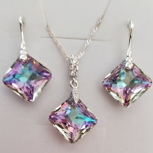 Swarovski Elements 925 Sterling Silver  16mm Princess Cut Crystal Vitrail Light earrings and Sterling Silver Necklace,