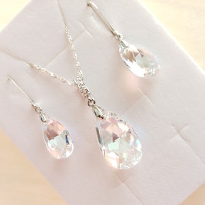 Crystal from Swarovski Crystal Shimmer Pear Earring and Necklace.  925 Sterling Silver Lever back Earrings, Sterling Silver Chain