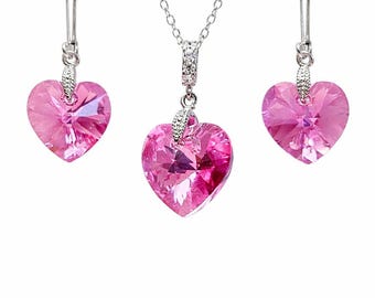 Kristal van Swarovski 925 sterlingzilver Rose AB Heart Crystal Lever Back oorbellen en ketting, bruidssieraden bruidsmeisje