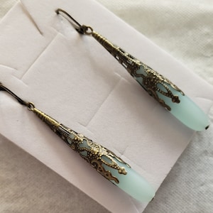 Long Sea Glass Opaque Pale Earrings, Sea Glass with Brass Antique Bronze Lever Back Earrings, Sea Glass Earrings
