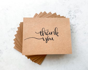 Thank You | 10 Card Pack | Kraft Paper Cards With Blank Envelopes | Thank You Cards | Modern Calligraphy