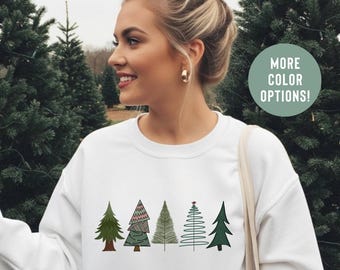 Sudadera con árbol de Navidad verde, cuello redondo navideño, coqueta, dibujo de árbol de Navidad, camiseta con pino navideño, Feliz Navidad
