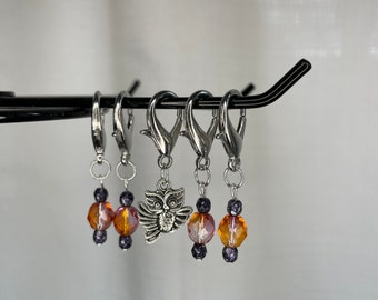 Pink/orange with purple accent glass bead stitch marker set with owl charm