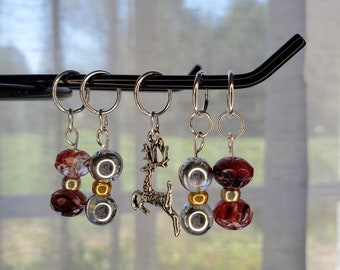 Red/silver/gold beaded stitch marker set with reindeer charm