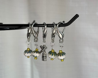 White with blue/green accent glass bead locking stitch marker set with windmill charm