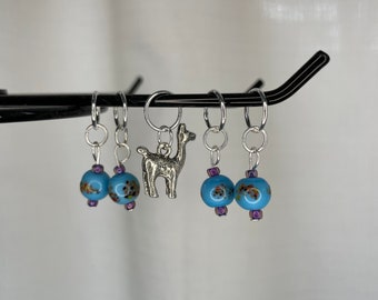 Turquoise multi color glass bead stitch marker set with alpaca charm