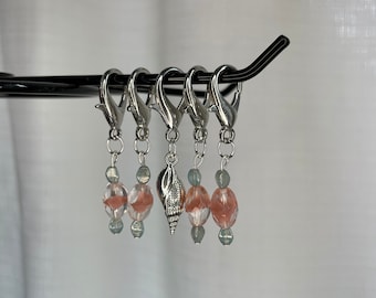 Peach with mint green accent glass bead locking stitch marker set with sea shell charm