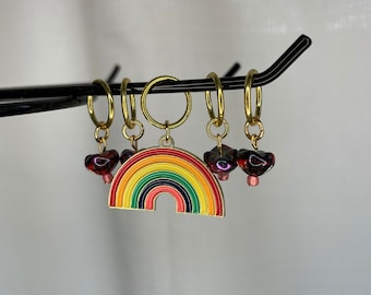 Dark iridescent glass bead stitch marker set with rainbow enamel charm