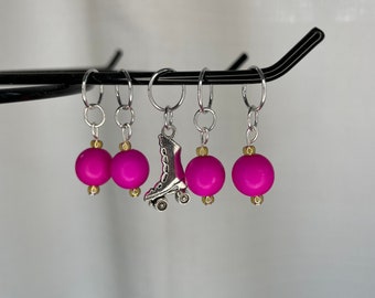 Pink bead stitch marker set with roller skate charm