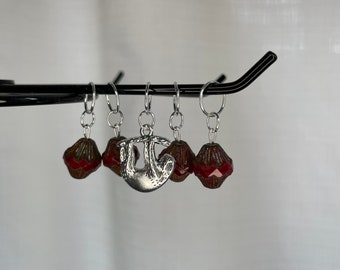 Red/Brown glass bead stitch marker set with sloth charm