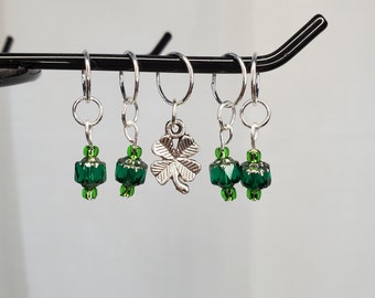 Emerald green with light green bead stitch marker set with clover charm