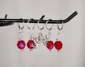 Red with pink bead stitch marker with cupid charm, Valentine's Day Trinket