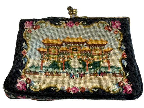 Vintage micro needlepoint Asian influence coin pu… - image 1