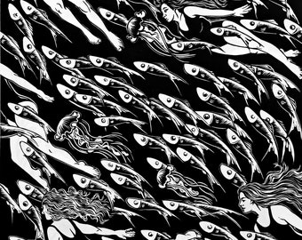The Divers, Handmade Linocut Print, The Divers, Swimming, Fish