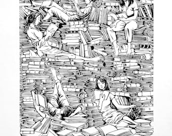The Reading Room, Handmade, Linocut Print, Bibliophile, Wall Art, books, literature