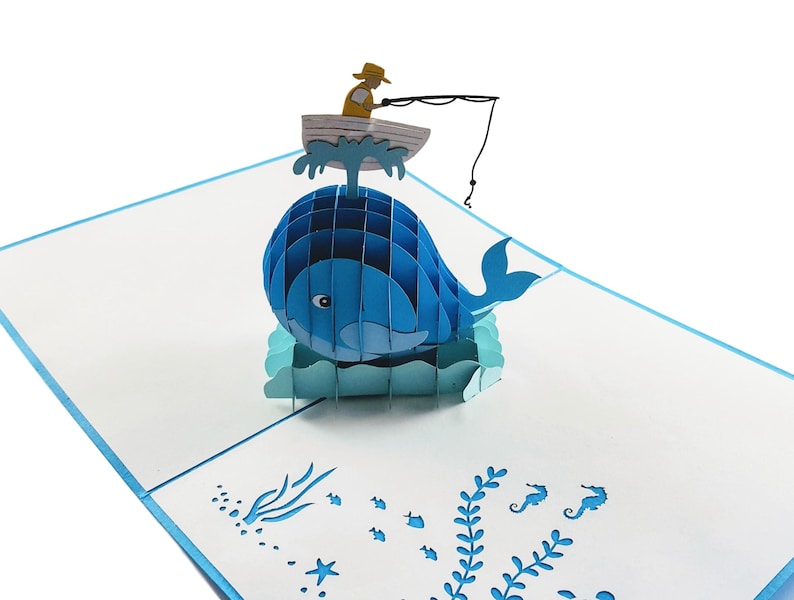 Friendship Birthday Odd Couple Fishing A Man And The Whale Pop Up Greeting Card Get Whale Father\u2019s Day Retirement Folds Flat