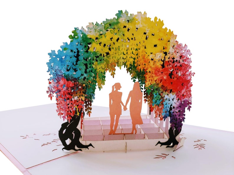 Lesbian Rainbow Wisteria Flower Tunnel 3D Pop Up Greeting Card - Wedding, Marriage, Engagement, Anniversary, Pride, Lovers, Romantic, LGBT 