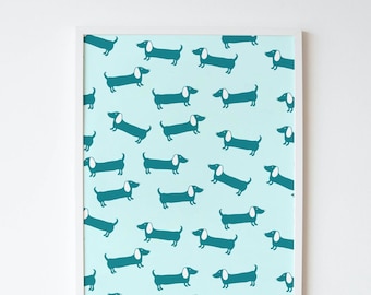 Blue Dachshund Print: Sausage Dog Illustration, Dog Wall Art (Digital Download)