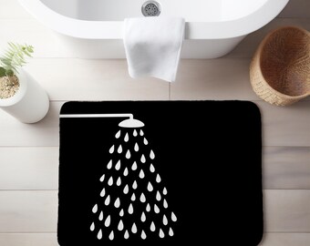 Shower Head with Raindrops Bath Mat | Minimal Black Bathroom Rug