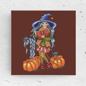 Schema punto croce Piccola Strega - Lil Punkin - Schema di Halloween - Zucca - Campione di nascita - Spettrale - Download istantaneo PDF - Artmishka