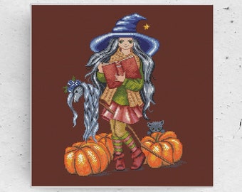 Little Witch Cross Stitch Pattern - Lil Punkin - Halloween chart - Pumpkin - Birth Sampler - Spooky -  PDF instant download - Artmishka