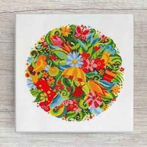 Spring Cross Stitch Pattern - PDF cross stitch pattern - Round fantasy with flowers, butterfly, rubber boot, umbrella, bird  - Artmishka