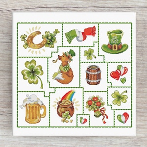Saint Patrick's Day Sampler Kreuzstichmuster - Irische Glückssymbole - Kleeblatt, Kleeblatt, Regenbogen, Hufeisen, Kobolde gold - Artmishka