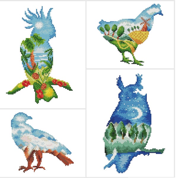 Set of 4 Cross Stitch Patterns Birds Silhouette - Bundle Offer - Chicken - Eagle - Parrot - Owl - PDF instant download - Artmishka