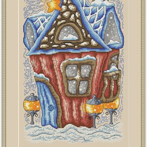 Easy home style. A Spring House Modern Cross Stitch Pattern with a magical wooden house surrounded by flowers PDF file instant download