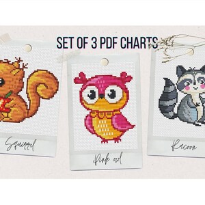 May include: Set of three PDF cross stitch patterns featuring a squirrel holding an apple, a pink owl, and a raccoon. The patterns are printed on white paper with a white background.