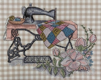 PATCHWORK BLANKET Cross Stitch Pattern with a vintage Singer sewing machine, quilt and the flowers. PDF chart instant download.