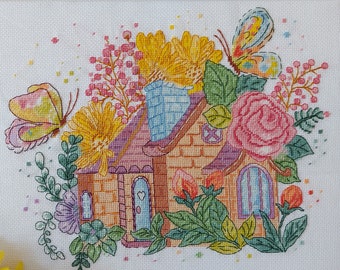 Easy home style. A Spring House Modern Cross Stitch Pattern with a magical wooden house surrounded by flowers PDF file instant download