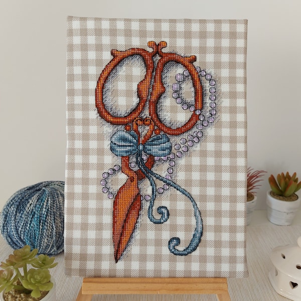 My craft friends counted cross stitch pattern with pretty vintage scissors, bow and pearls necklace. Great gift for any craft lover.