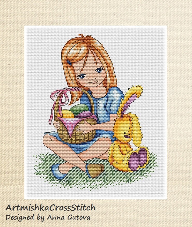 Easter Egg Hunter Counted Cross Stitch Pattern With a Little Girl ...