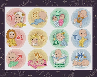 Cross Stitch Birth Sampler Boys Girls - Ornements d’horoscope pour bébé - Ensemble de 12 modèles - Signes du zodiaque - PDF Téléchargement instantané - Artmishka