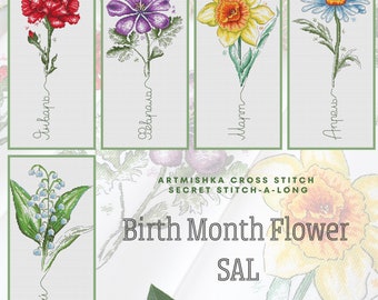 Birth Month Flower Mystery SAL - Cross Stitch Pattern - Floral Secret Stitchalong - Set of 12 Charts for 2024 stitching - Artmishka - PDF