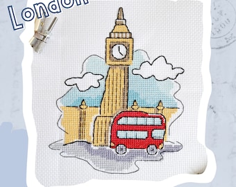 London Cross Stitch Pattern - Big Ben Tower - Red Bus - Landmarks of the World Cross Stitch Chart - PDF Instant Download - Artmishka - PK