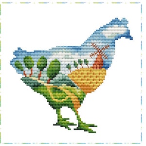 Grille de point de croix de poulet avec silhouette d'oiseau avec un champ, des arbres et un moulin - Point de croix d'animaux de ferme - Téléchargement instantané PDF - Artmishka