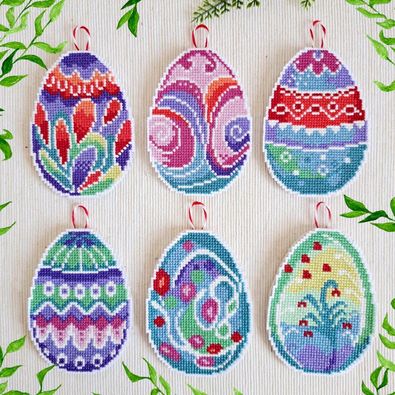 Easter Eggs Cross Stitch Pattern - Set of 6 Whimsical Festive Ornaments ...