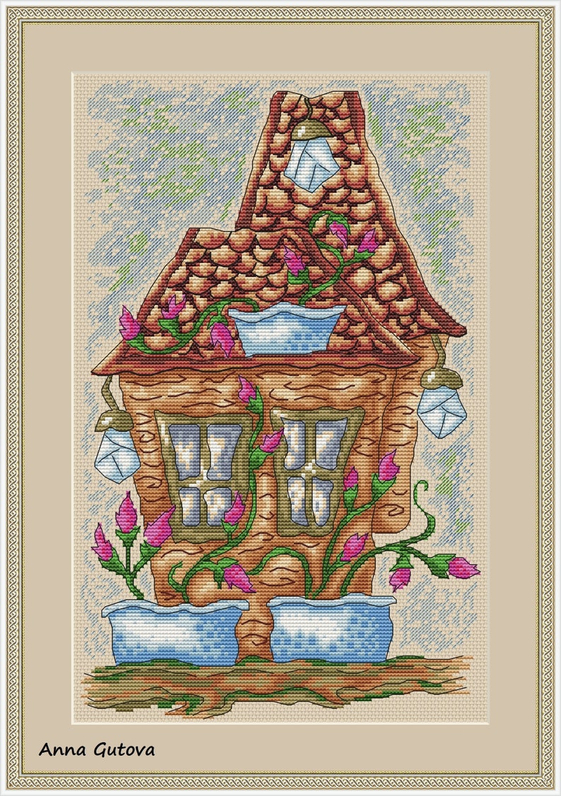 Easy home style. A Spring House Modern Cross Stitch Pattern with a magical wooden house surrounded by flowers PDF file instant download