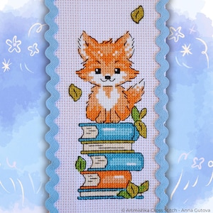 Padrão de ponto cruz de marcador de página de raposa - Raposa fofa em pilha de livros - Fácil para iniciantes - Decoração de berçário infantil - Download instantâneo em PDF - Artmishka