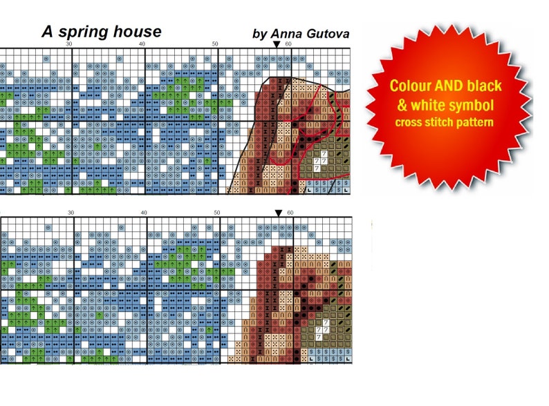 Easy home style. A Spring House Modern Cross Stitch Pattern with a magical wooden house surrounded by flowers PDF file instant download