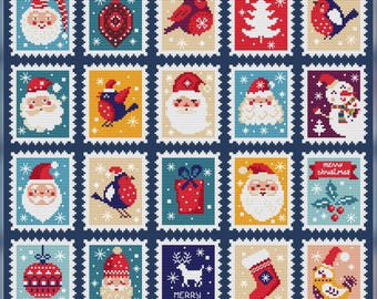 May include: A set of 16 Christmas-themed stamps featuring various holiday icons, including Santa Claus, reindeer, snowmen, ornaments, and a Christmas tree. The stamps are arranged in a grid pattern and have a blue background with white borders.