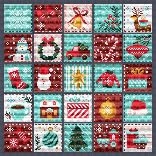 Advent Calendar Cross Stitch Pattern - 25 Christmas Ornaments Motives Cards - PDF Download - Artmishka