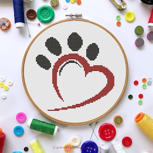 Motif de point de croix pour animal de compagnie préféré - carte patte de chien - patte de chat - cadeau pour amoureux des animaux - forme de coeur - PDF à téléchargement immédiat - Artmishka