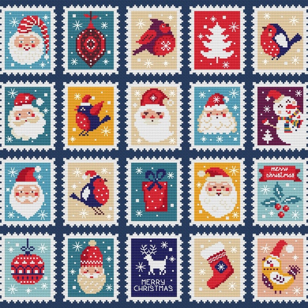 Christmas Stamps Cross Stitch Pattern - Cross Stitch Sampler - Cross Stitch Santa Ornament - PDF instant download - Artmishka