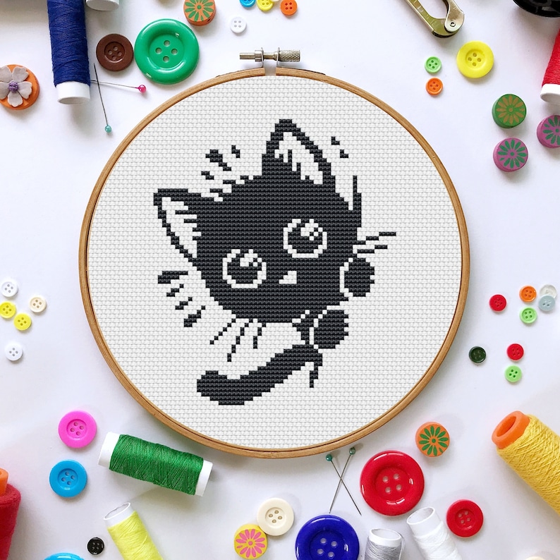 Set of 3 Halloween Black Cat Cross Stitch Ornaments Pattern PDF