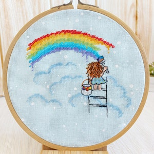 Modèle de point de croix esprit de la nature - petite fille peinture arc-en-ciel - fierté LGBT - Artmishka point de croix - fichier PDF à télécharger