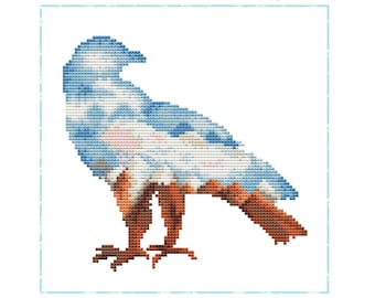 Schema punto croce Aquila con sagoma di uccello, cielo e montagne - Idea arredamento casa - Download immediato file PDF - Serie uccelli - Artmishka